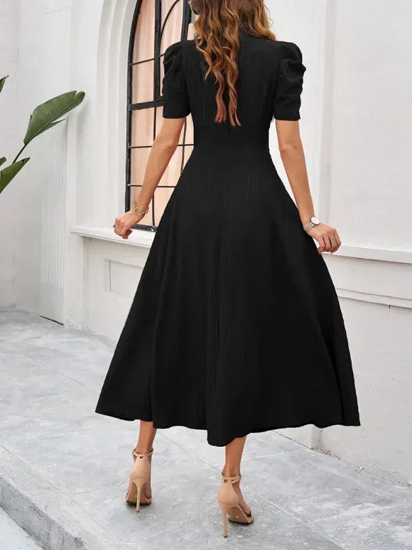 Robe Midi Femme Col V Manches Bouffantes