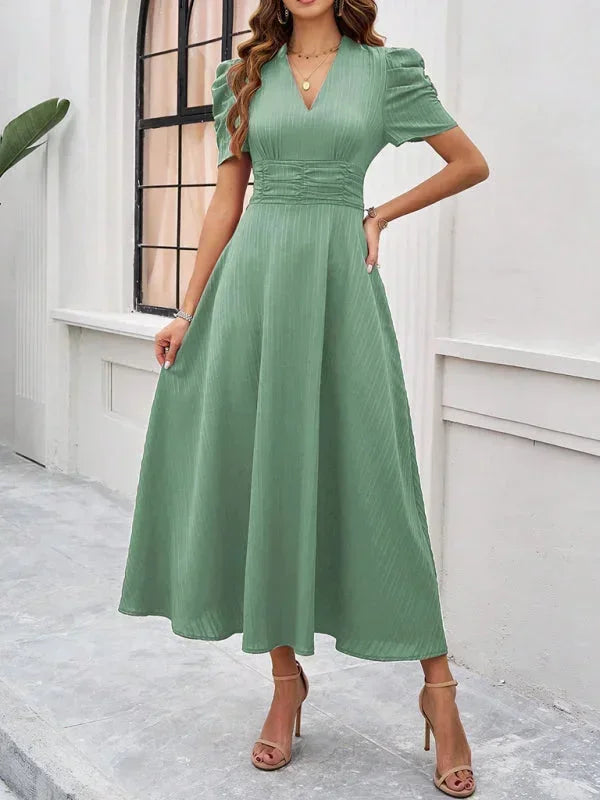 Robe Midi Femme Col V Manches Bouffantes