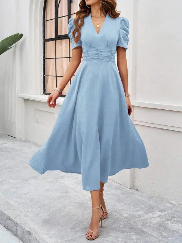Robe Midi Femme Col V Manches Bouffantes