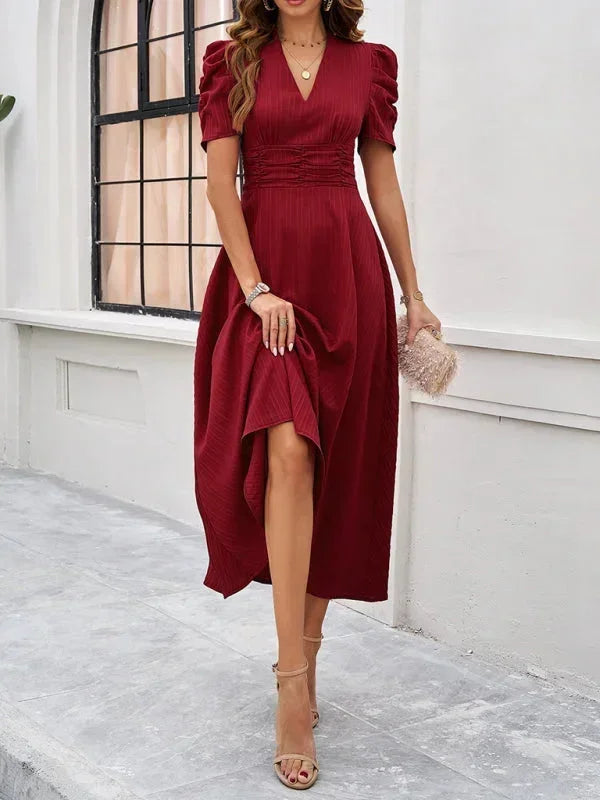 Robe Midi Femme Col V Manches Bouffantes