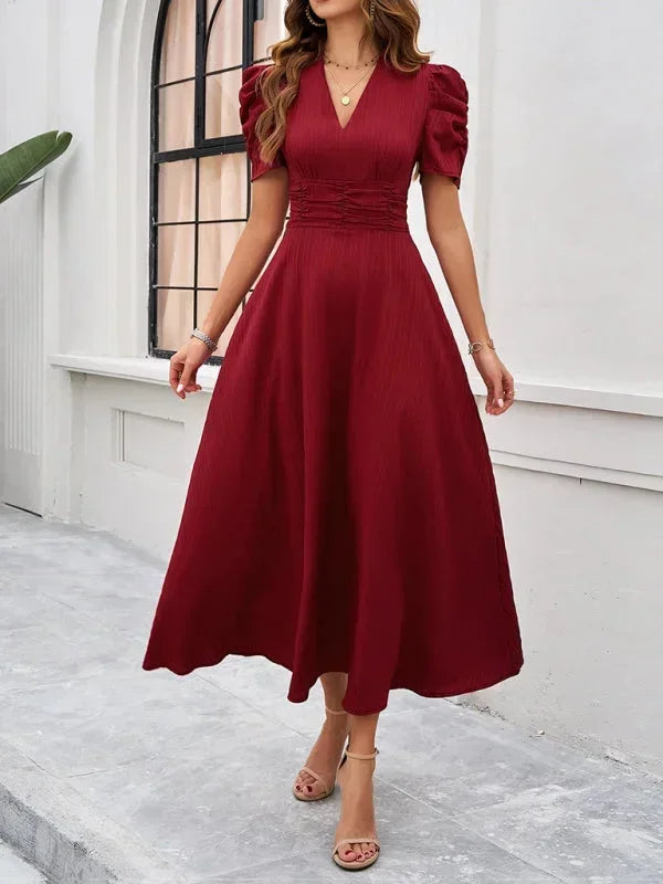 Robe Midi Femme Col V Manches Bouffantes