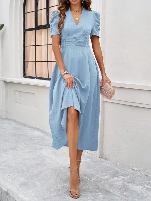 Robe Midi Femme Col V Manches Bouffantes