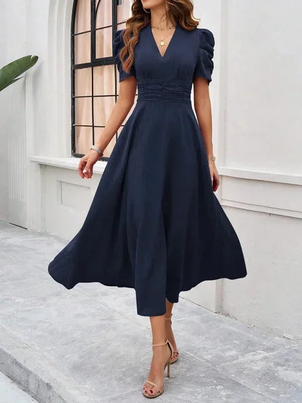 Robe Midi Femme Col V Manches Bouffantes
