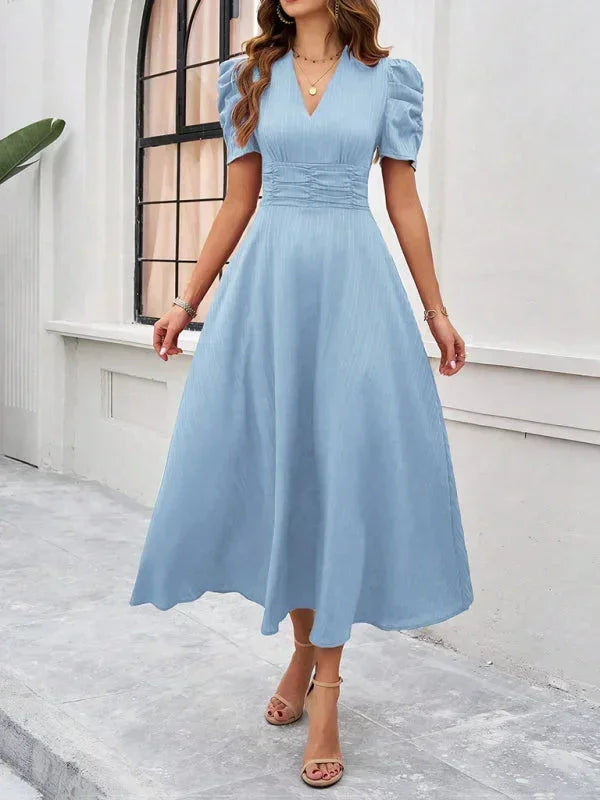 Robe Midi Femme Col V Manches Bouffantes