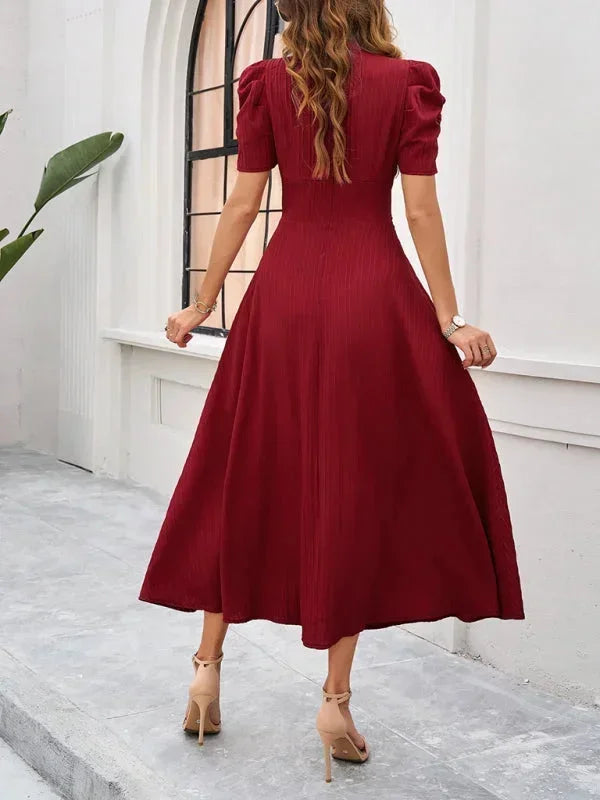 Robe Midi Femme Col V Manches Bouffantes