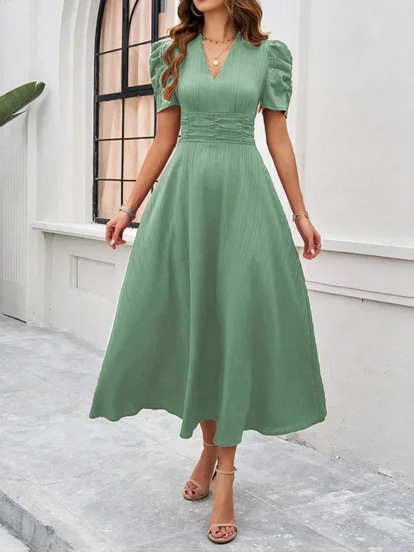 Robe Midi Femme Col V Manches Bouffantes