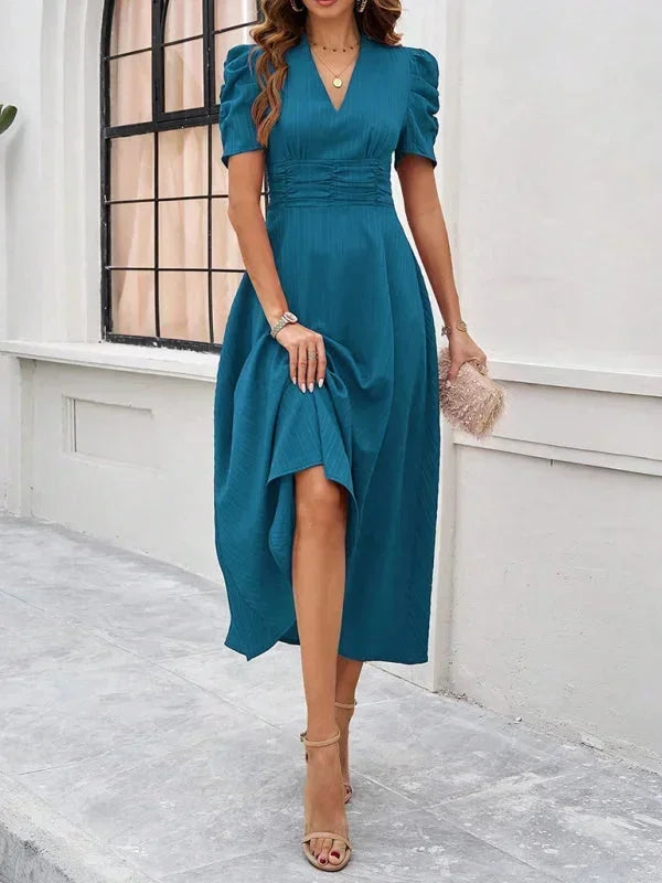 Robe Midi Femme Col V Manches Bouffantes