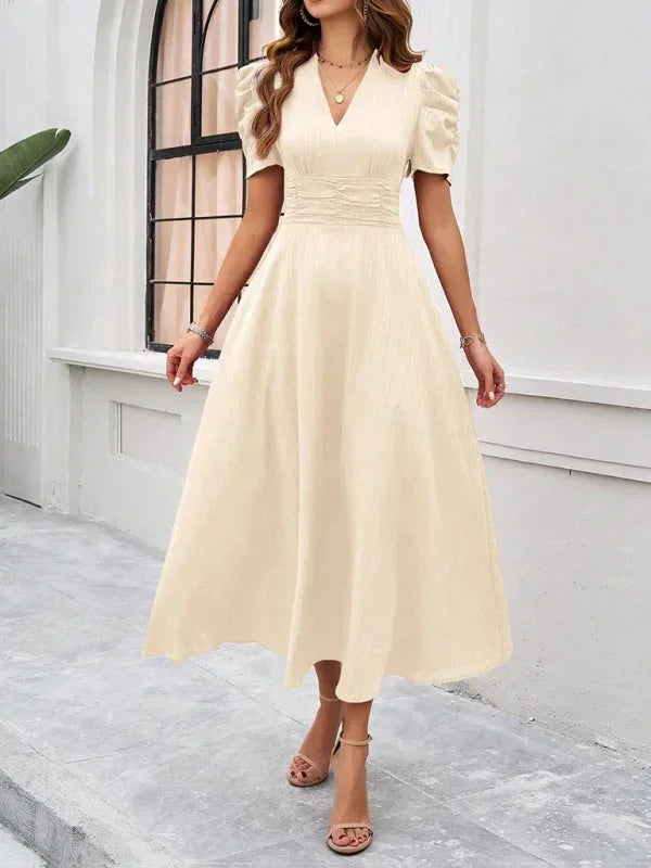 Robe Midi Femme Col V Manches Bouffantes