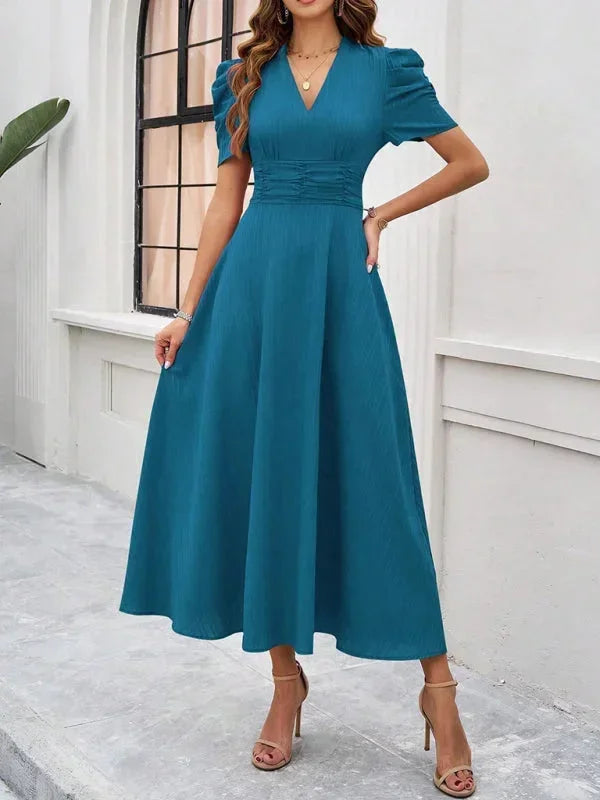 Robe Midi Femme Col V Manches Bouffantes