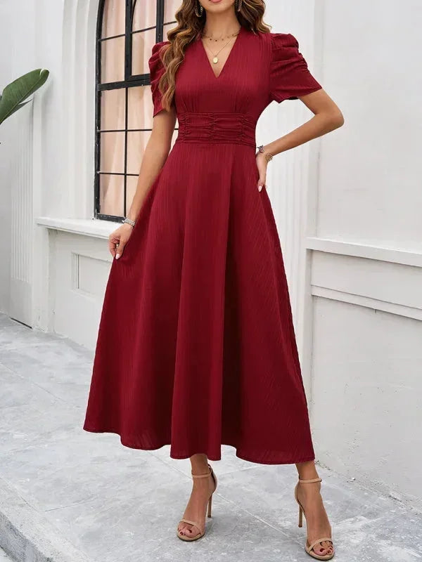 Robe Midi Femme Col V Manches Bouffantes