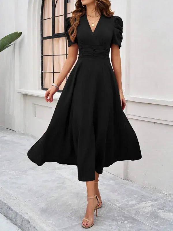 Robe Midi Femme Col V Manches Bouffantes