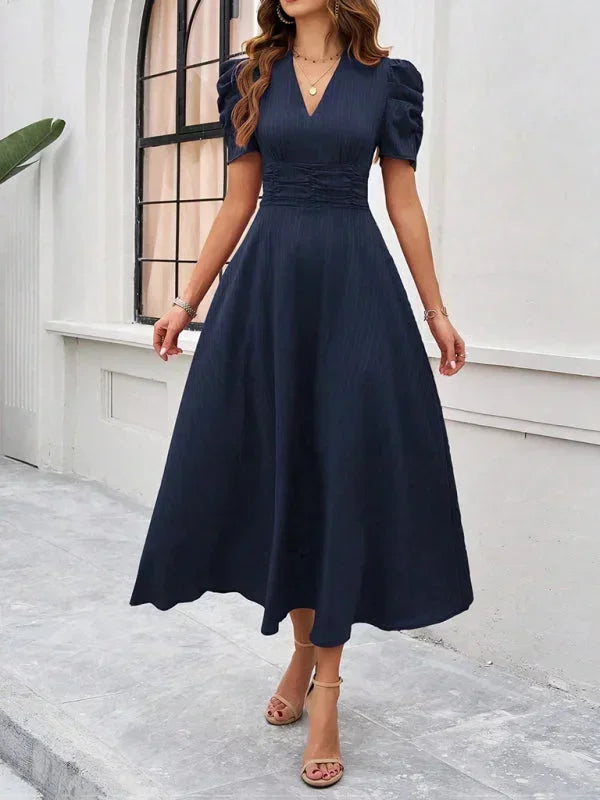 Robe Midi Femme Col V Manches Bouffantes