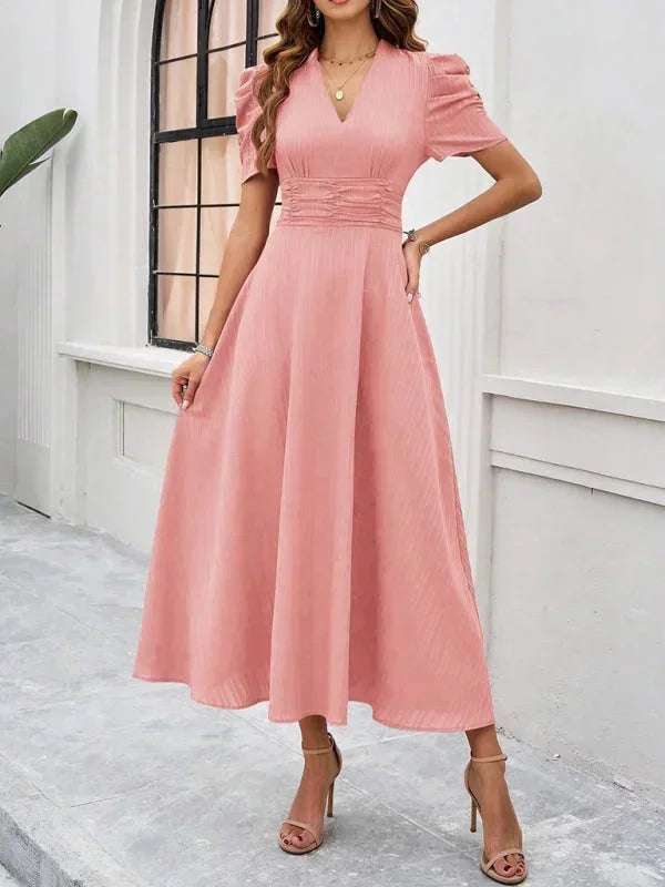 Robe Midi Femme Col V Manches Bouffantes