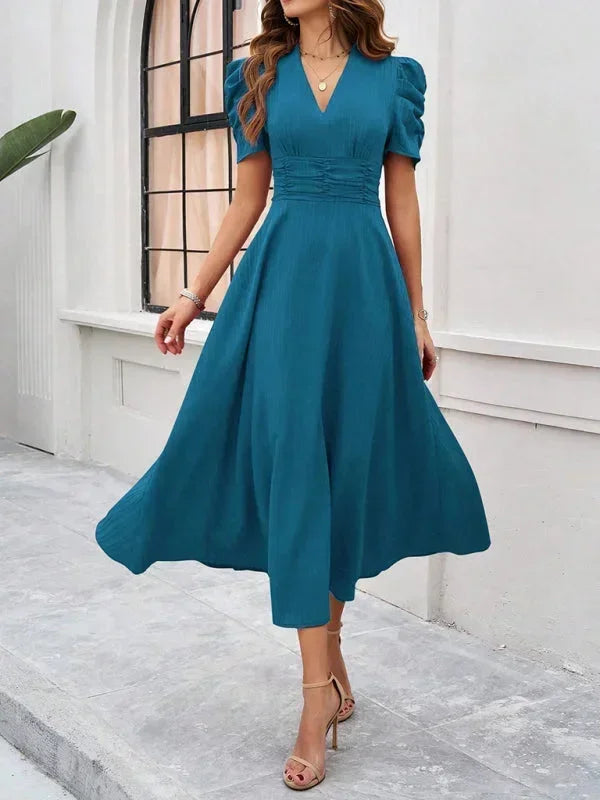 Robe Midi Femme Col V Manches Bouffantes