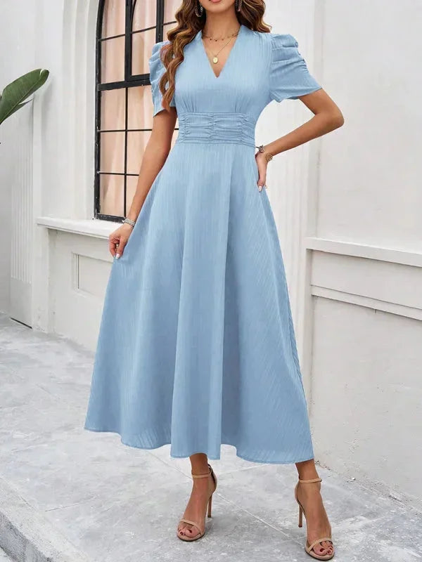 Robe Midi Femme Col V Manches Bouffantes