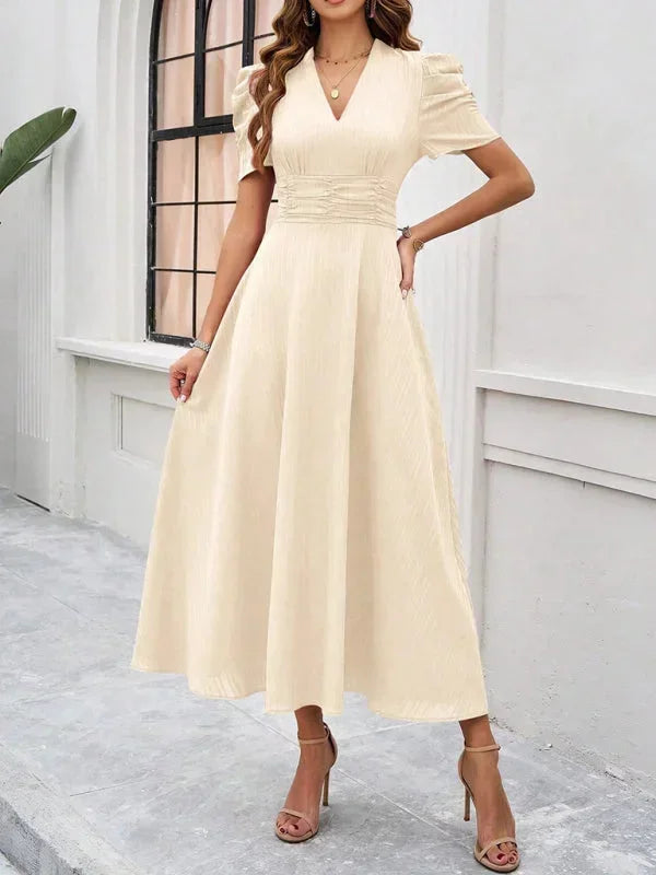 Robe Midi Femme Col V Manches Bouffantes