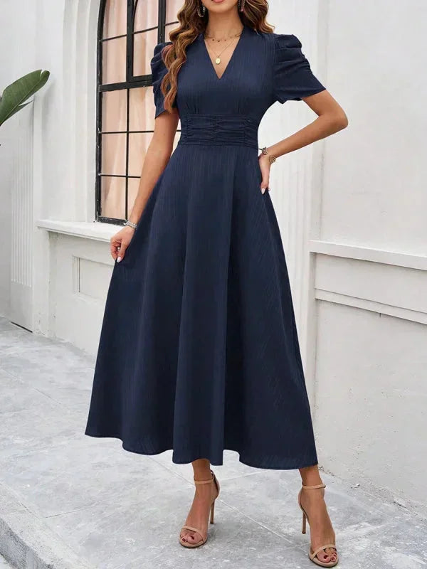 Robe Midi Femme Col V Manches Bouffantes
