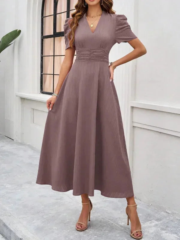 Robe Midi Femme Col V Manches Bouffantes