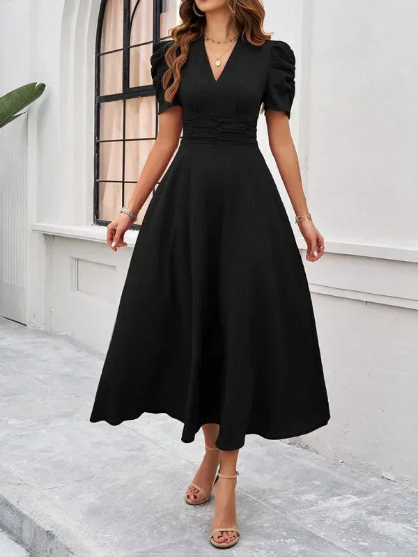 Robe Midi Femme Col V Manches Bouffantes