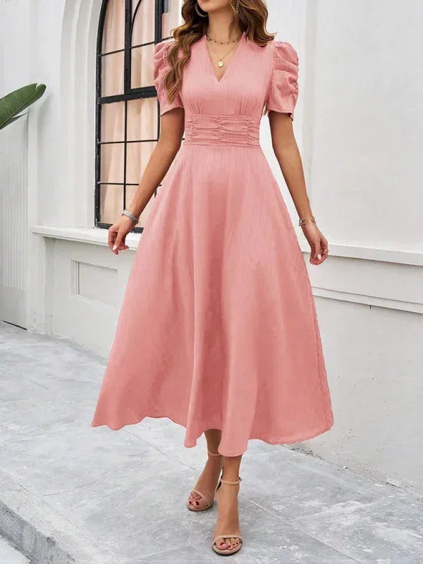 Robe Midi Femme Col V Manches Bouffantes
