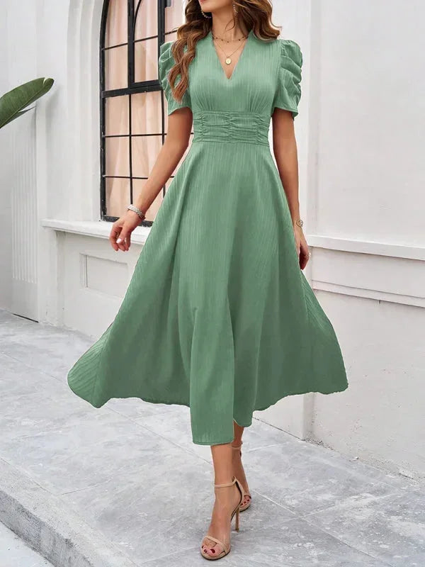 Robe Midi Femme Col V Manches Bouffantes