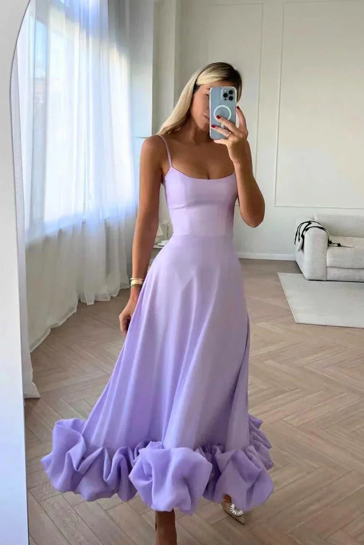 Robe Midi Femme Bretelles Fines Ourlet Volanté