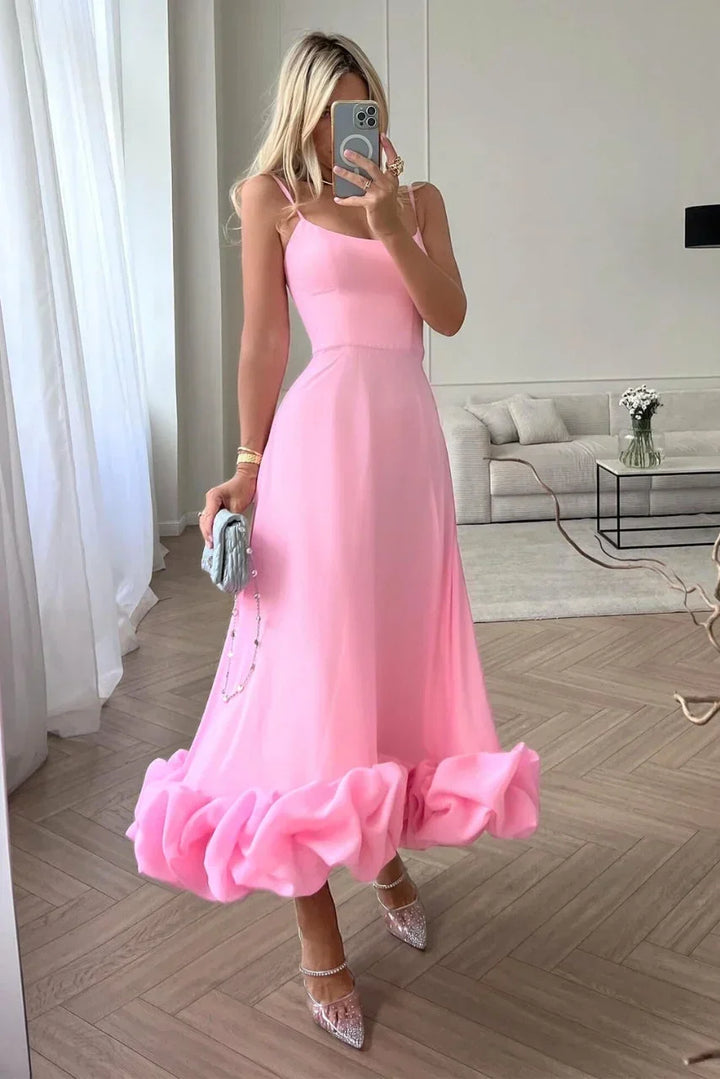 Robe Midi Femme Bretelles Fines Ourlet Volanté