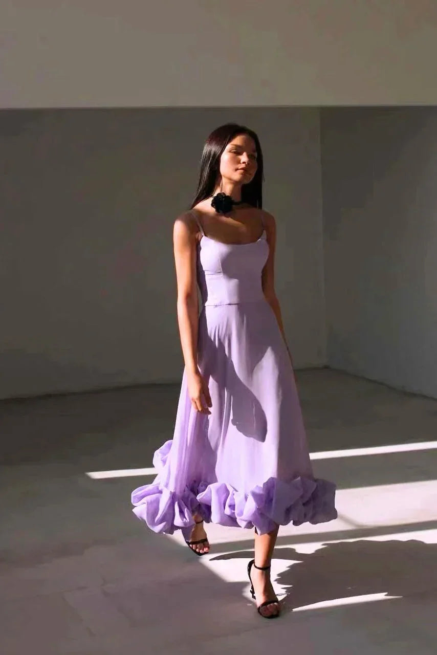 Robe Midi Femme Bretelles Fines Ourlet Volanté