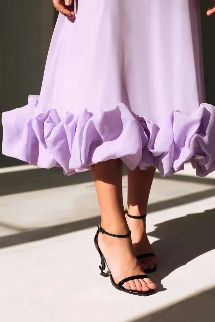 Robe Midi Femme Bretelles Fines Ourlet Volanté