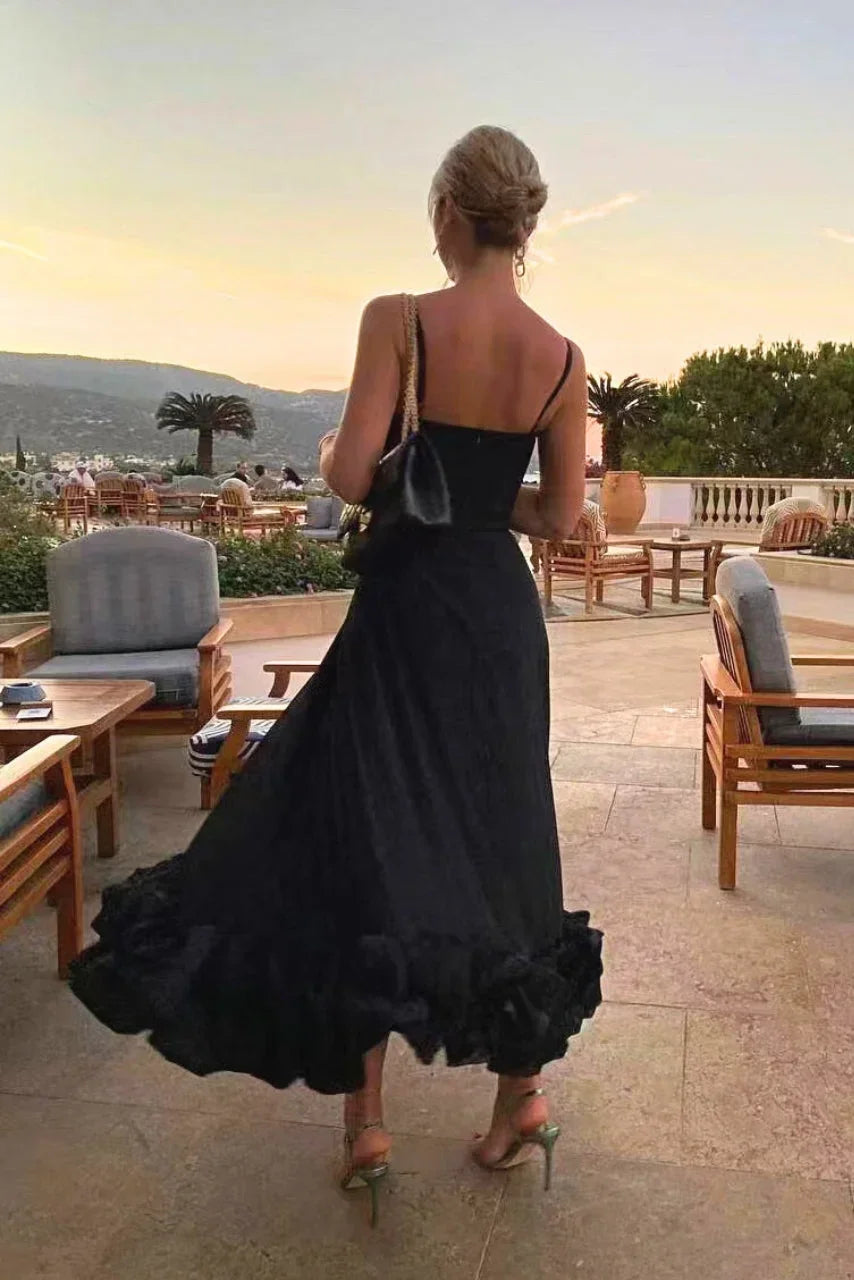 Robe Midi Femme Bretelles Fines Ourlet Volanté
