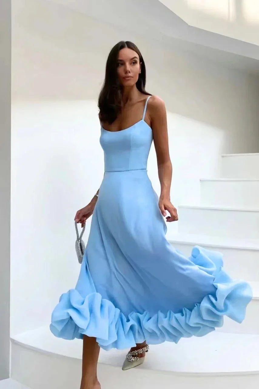 Robe Midi Femme Bretelles Fines Ourlet Volanté