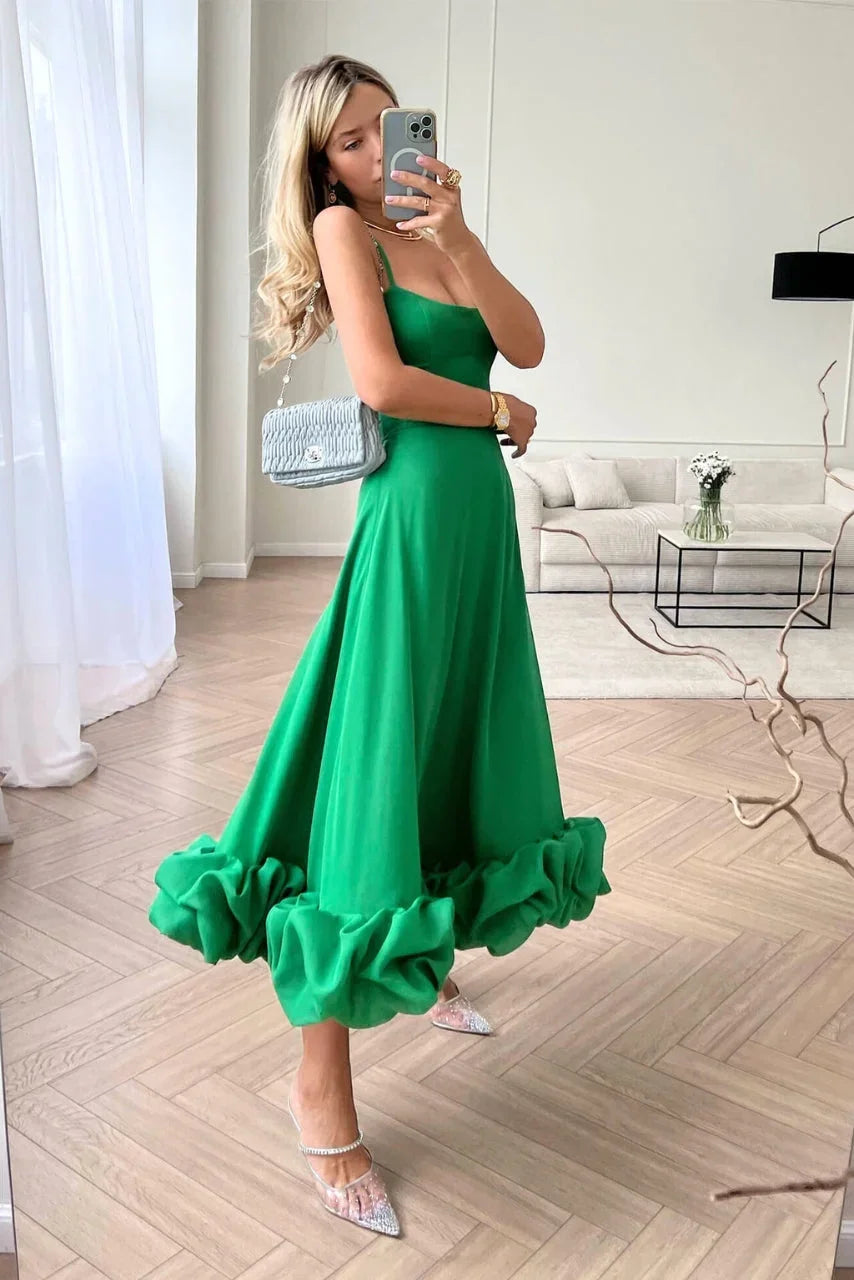 Robe Midi Femme Bretelles Fines Ourlet Volanté