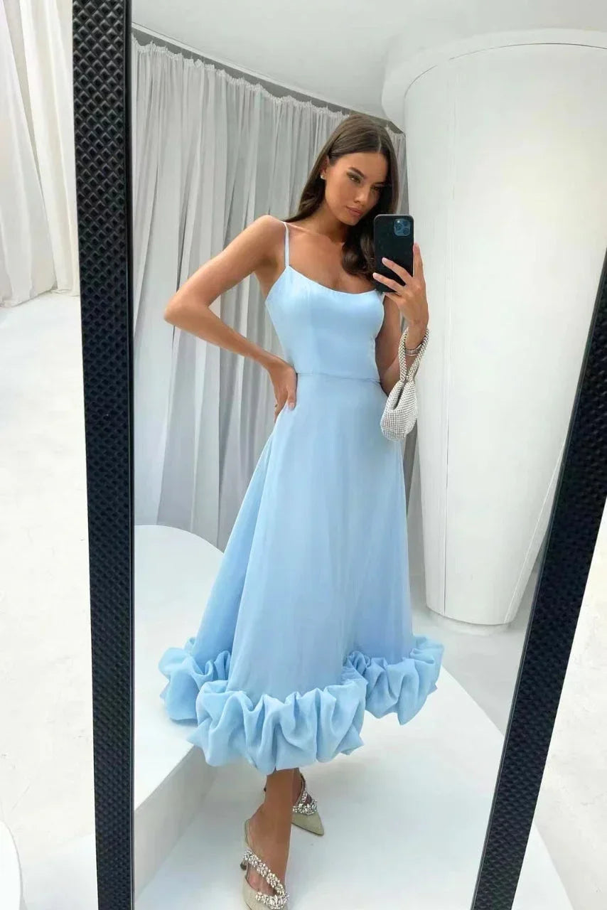 Robe Midi Femme Bretelles Fines Ourlet Volanté
