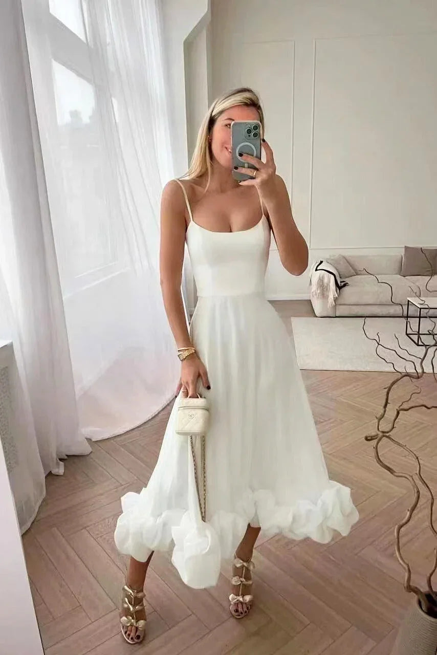 Robe Midi Femme Bretelles Fines Ourlet Volanté