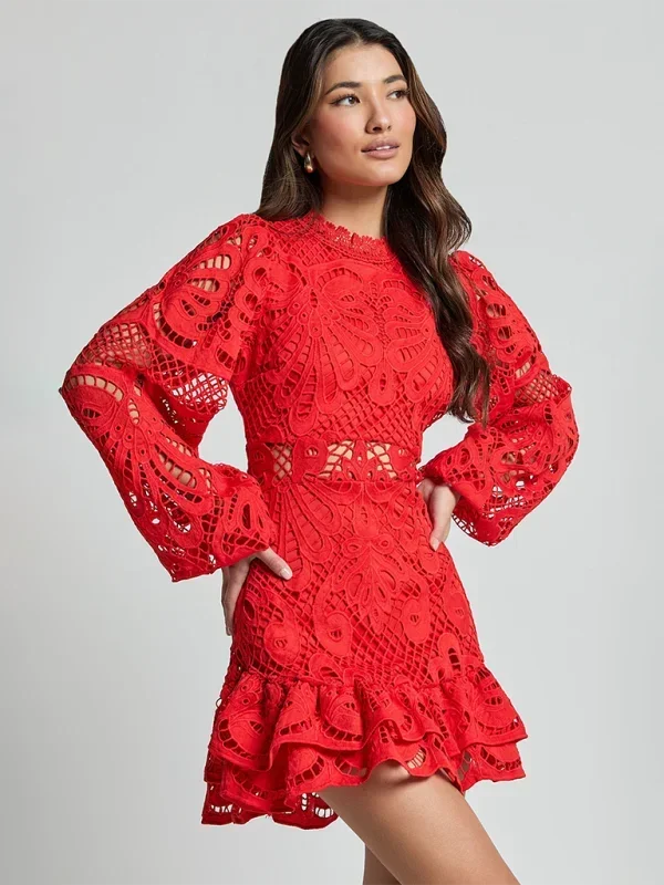 Robe Mini Dentelle Femme Manches Longues Soirée