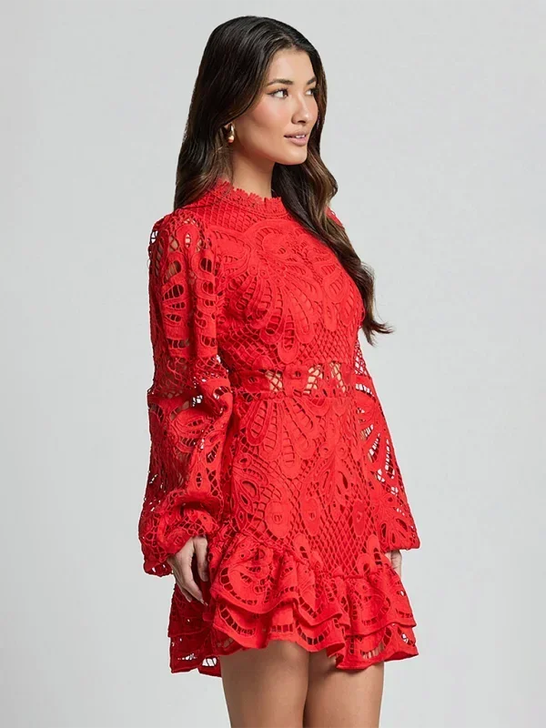 Robe Mini Dentelle Femme Manches Longues Soirée