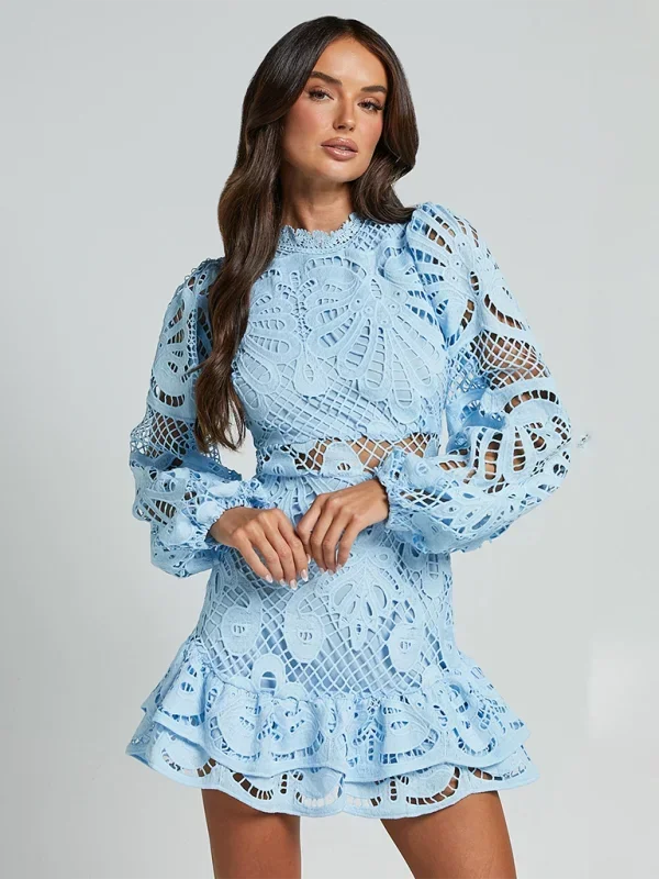 Robe Mini Dentelle Femme Manches Longues Soirée