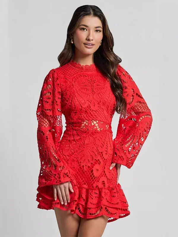 Robe Mini Dentelle Femme Manches Longues Soirée