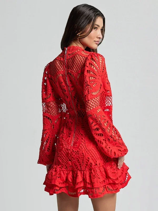Robe Mini Dentelle Femme Manches Longues Soirée