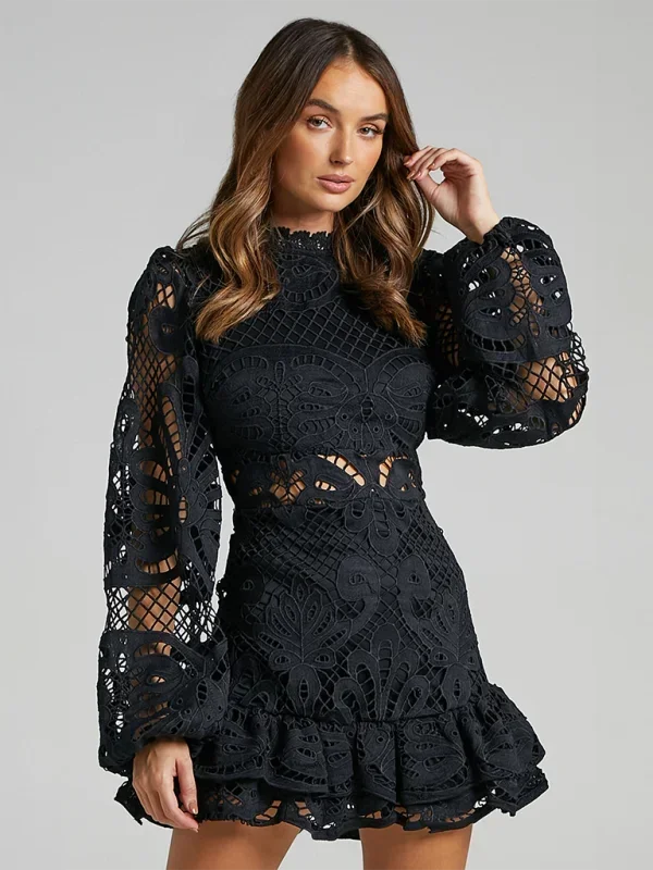 Robe Mini Dentelle Femme Manches Longues Soirée