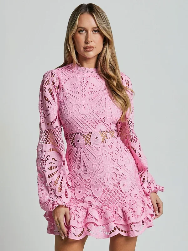 Robe Mini Dentelle Femme Manches Longues Soirée
