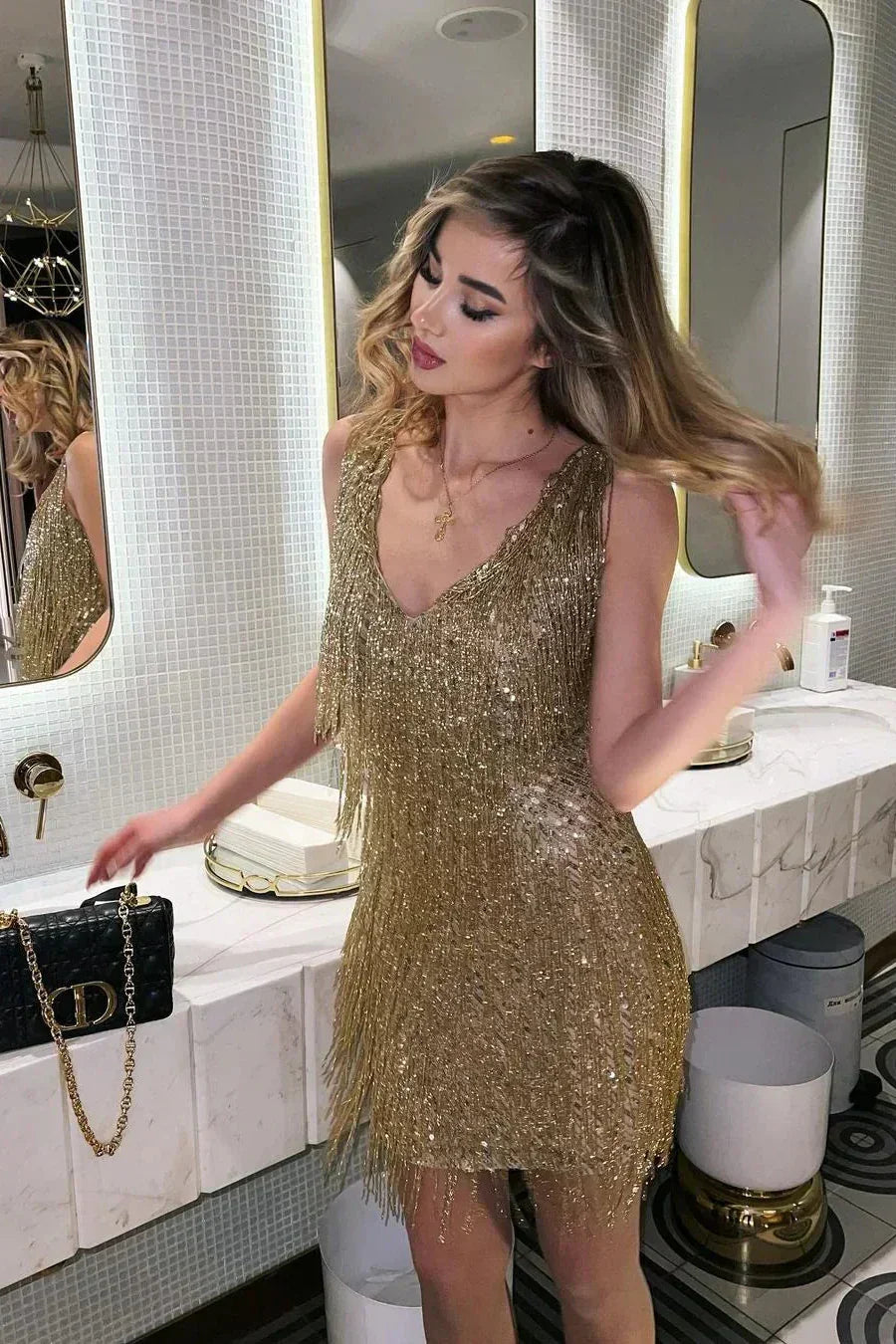 Robe Courte Femme Paillettes Franges Soirée