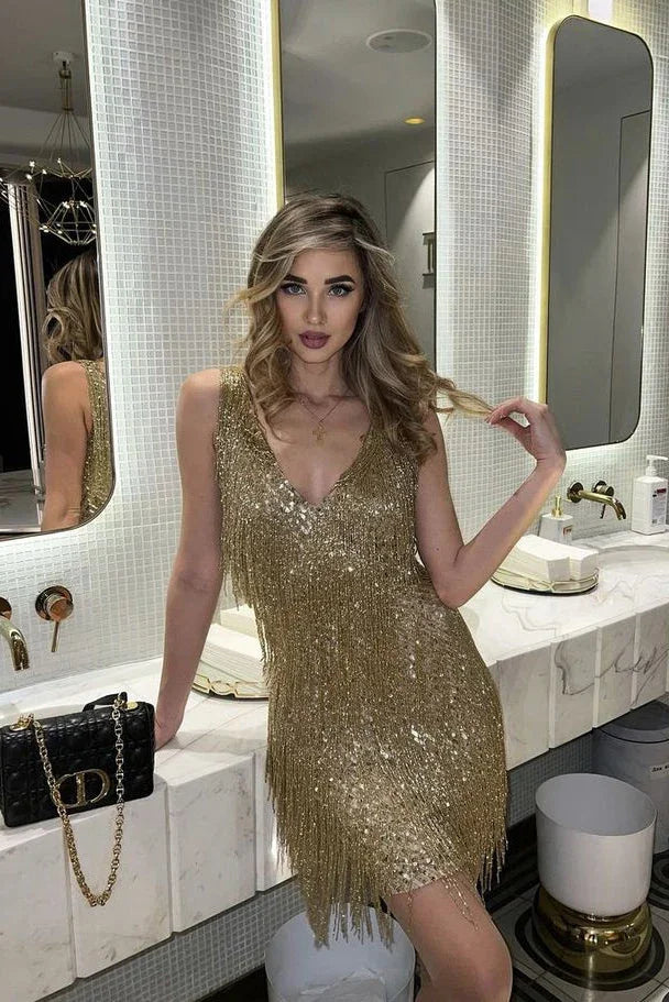 Robe Courte Femme Paillettes Franges Soirée