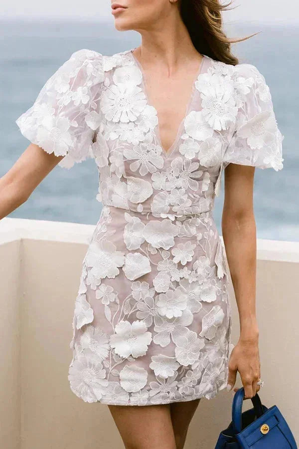 Robe Mini Florale Texturée Femme Manches Bouffantes