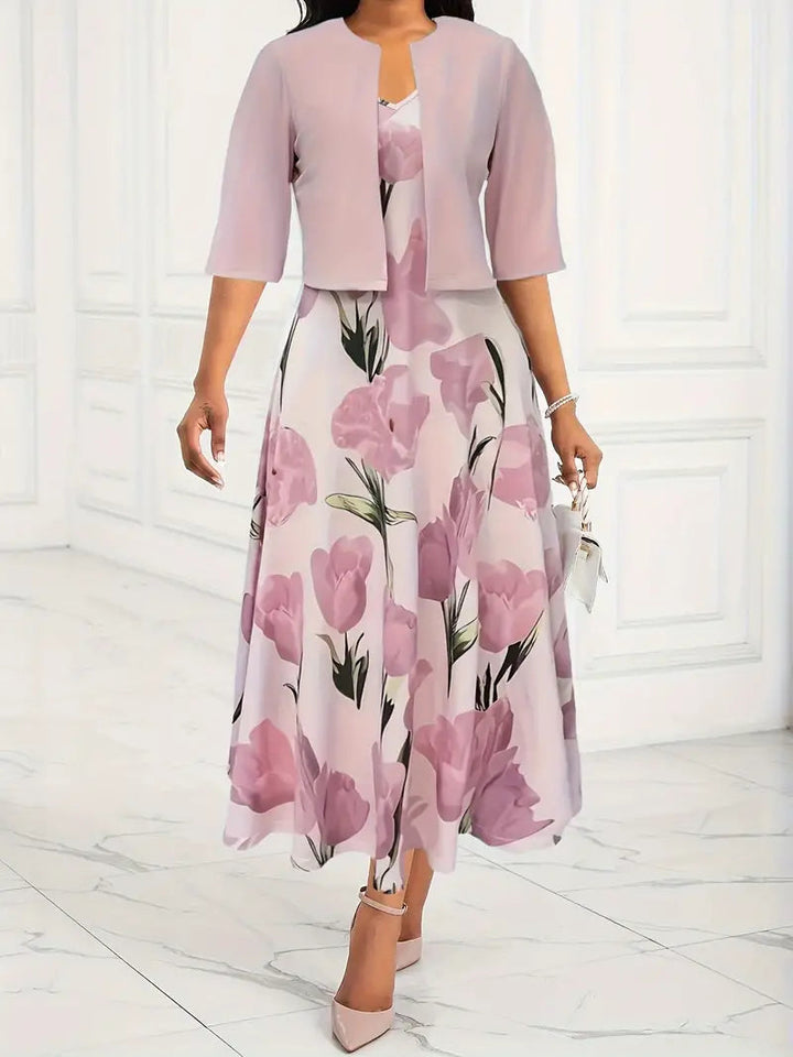 Ensemble Robe Midi à Motif Floral et Boléro Court Pour Femme