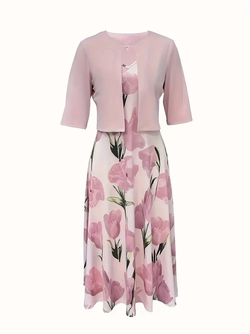 Ensemble Robe Midi à Motif Floral et Boléro Court Pour Femme