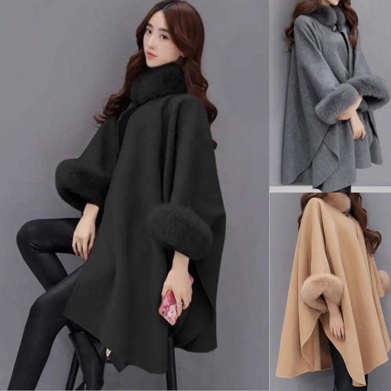 Abrigo tipo capa-poncho para mujer con ribete de piel sintética