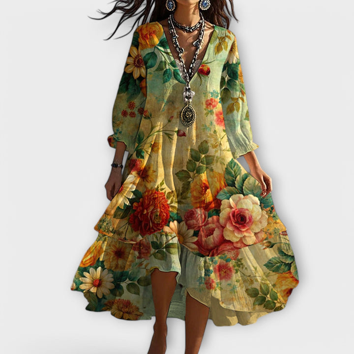 Robe Fleurie Bohème Femme Col V Manches Longues