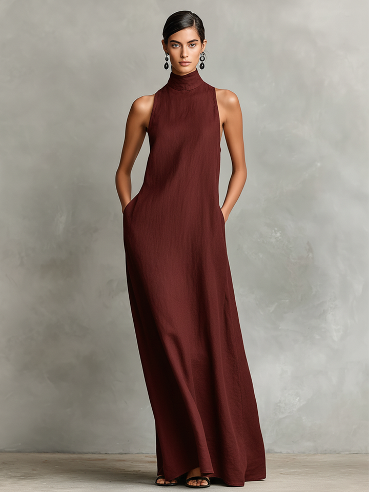 Abito maxi da donna senza maniche con collo alto
