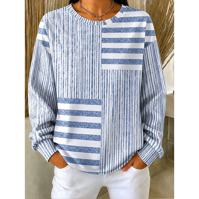 Camisola às riscas para mulher, azul, com gola redonda